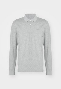 Gray long-sleeve polo shirt made of soft fabric, featuring a classic collar, three buttons, and subtle logo embroidery on the chest.