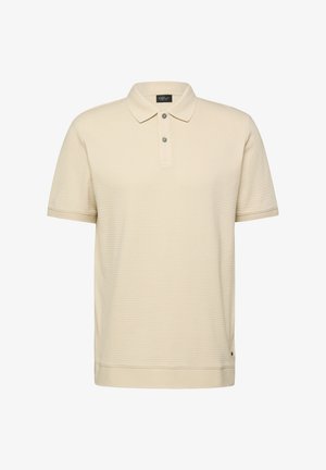 Beige Poloshirt mit kurzen Ärmeln aus strukturiertem Stoff, mit Zwei-Knopf-Leiste und Kragen, flach auf einem weißen Hintergrund liegend.