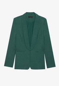 Zöld blézer sálgallérral, két elülső zsebbel, testhezálló fazonnal és sima textúrával. Alkalmas mindennapi vagy elegáns viseletre.