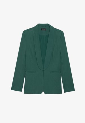 Grüner Blazer mit Schalkragen, zwei Vorderstaschen, taillierter Schnitt und glatter Textur. Geeignet für legere oder formelle Anlässe.