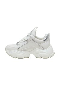 White sneaker with a chunky sole, smooth leather, and silver accents on the heel and lacing area. Features a padded collar for comfort.