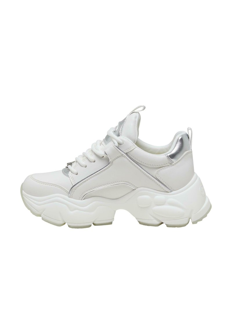 White sneaker with a chunky sole, smooth leather, and silver accents on the heel and lacing area. Features a padded collar for comfort.