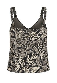 Haut noir sans manches avec imprimé beige de feuilles tropicales et bretelles froncées.