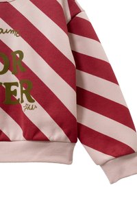 Rode en roze gestreepte sweatshirt met een geribbelde zoom, gouden tekst "FOR EVER" en zacht, gestructureerd materiaal.