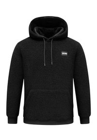 Svart fleece-hoodie med en texturerad yta, framficka och dragsko i huvan. Har en liten varumärkesetikett på bröstet.