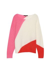 Asymmetrische trui met een kleurblok in roze, wit en rood. Gemaakt van zacht materiaal met een relaxte pasvorm en een brede halslijn.