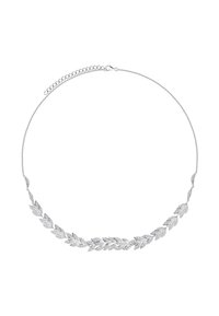 Srebrny naszyjnik z łańcuszkiem i akcentami w kształcie liści. Liście są szczegółowe i ułożone w zakrzywionym wzorze, z zapięciem na zamek typu homar.