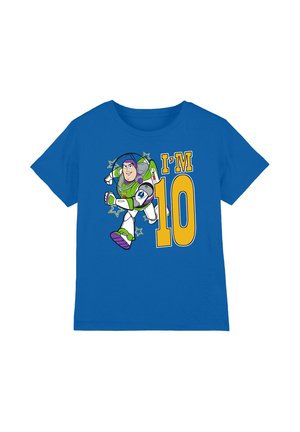 Blue children's t-shirt with a running Buzz Lightyear cartoon and large yellow text saying "I'M 10" surrounded by stars.