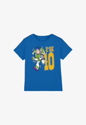 Blue children's t-shirt with a running Buzz Lightyear cartoon and large yellow text saying "I'M 10" surrounded by stars.