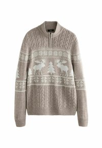 Beige Zip-Pullover mit weißen Mustern von Elchen, Bäumen und Schneeflocken auf der Brust sowie dicker Zopfmusteroptik an den Ärmeln und dem Saum.