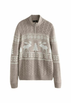 Pulover bej cu guler cu fermoar, prezentând modele albe de reni, copaci și fulgi de zăpadă pe piept, cu o textură groasă de tricot cabluri pe mâneci și tiv.