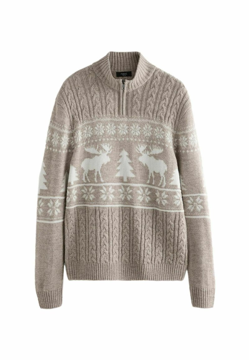 Beige Zip-Pullover mit weißen Mustern von Elchen, Bäumen und Schneeflocken auf der Brust sowie dicker Zopfmusteroptik an den Ärmeln und dem Saum.