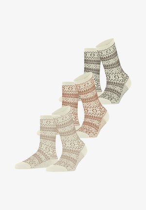 Knit socks set in cream, brown, and rust colors. Features geometric patterns and ribbed cuffs. Cotton blend offers softness and durability.