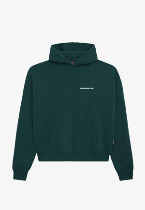Sweatshirt à capuche verte en tissu doux. Dispose d'une poche kangourou et d'un logo en texte blanc "INTERDIT" sur la poitrine. Poignets côtelés.