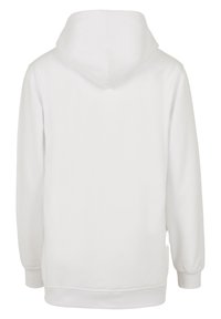 Hvit hettejakke med kengurulomme, myk stoff, ribbede mansjetter og hem, samt en hetten med snor. Enkel, u dekorert design uten mønstre.
