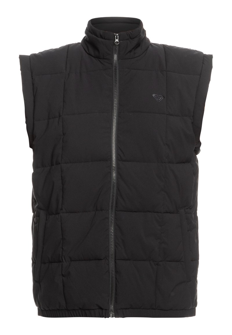 Gilet rembourré noir avec col haut, sans manches, fermeture éclair avant et texture matelassée. Présente un petit logo sur la poitrine.