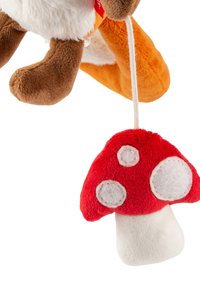 Plush stuffed fox toy with brown legs and white belly, holding a red and white spotted mushroom on a string.