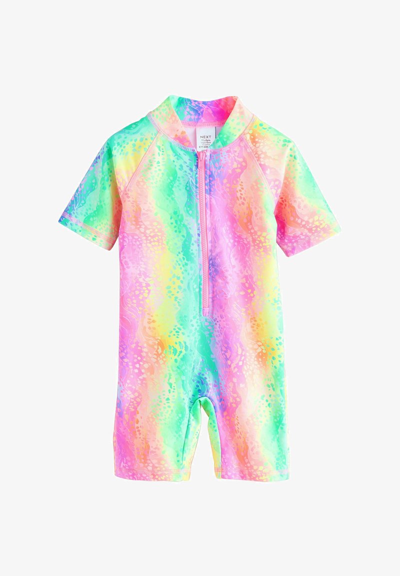 Kinder-Shorts-Overall mit Frontreißverschluss in leuchtenden pastellfarbenen Regenbogenfarben und abstraktem Muster.