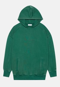 Felpa con cappuccio verde dal taglio morbido, maniche lunghe, tasche a marsupio anteriori, polsini a coste e tessuto strutturato con un aspetto leggermente sbiadito.