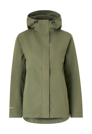 Veste imperméable vert olive avec un col haut, une capuche ajustable et une coupe droite. Comprend des détails de couture et aucun matériel visible.