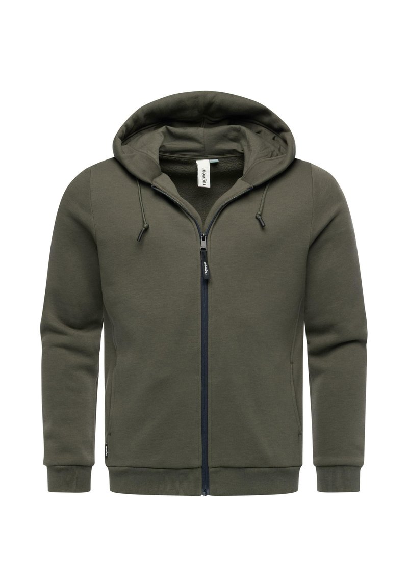 Olivengrøn zip-up hættejakke lavet af blødt stof, med snoretræk i hætten, to sidelommer og ribstrik ved håndleddene og forneden.