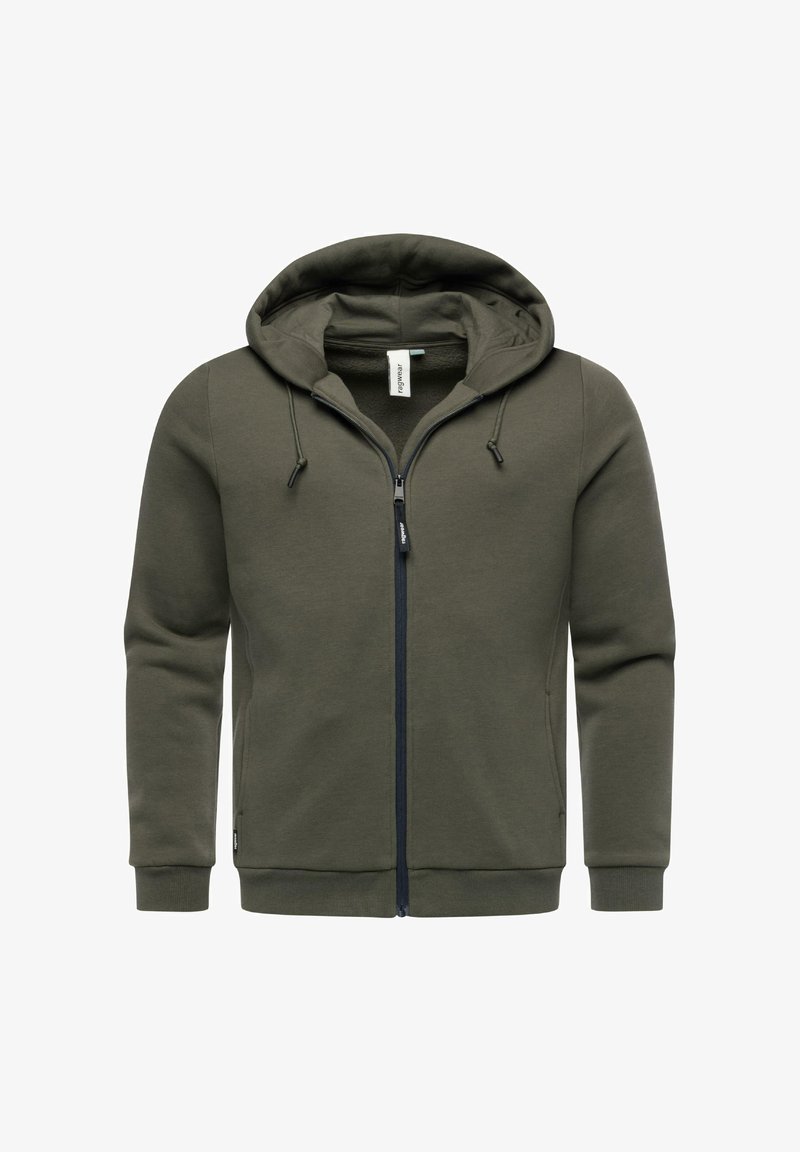 Olivengrøn zip-up hættejakke lavet af blødt stof, med snoretræk i hætten, to sidelommer og ribstrik ved håndleddene og forneden.