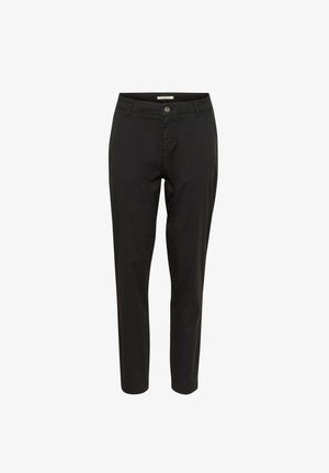 Black cotton trousers with a straight fit, featuring a button closure, belt loops, and a smooth texture. No visible patterns or embellishments.