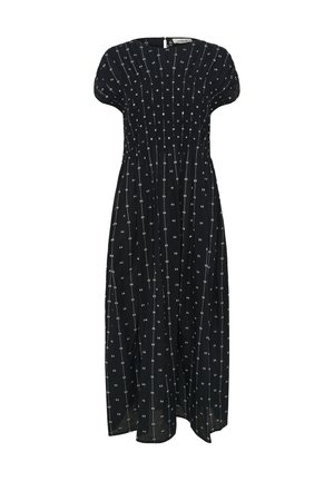 Mustaline kleit lühikeste puhvike gustega, smockitud rinnaosaga ja valgete täppidega. Volangiline disain, käärme pikkuses seelik. Tagumine lukustamine.