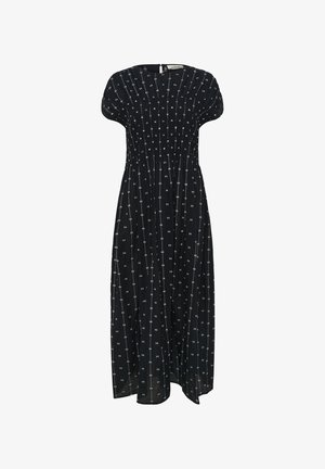 Fekete ruha rövid, puffos ujjal, ráncolt melltartóval és fehér pöttyös részletezéssel. Lebegő kialakítás, térdig érő szoknyával. Cipzáras záródás a hátsó részen.