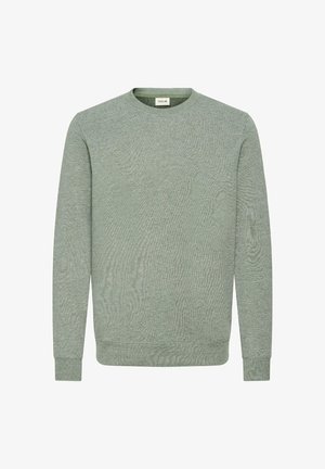 Zelena dukserica s okruglim izrezom, dugim rukavima i teksturiranom tkaninom. Ima rebraste manžete i donji rub, s mekanim, ležernim dizajnom.