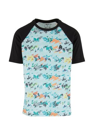 Trumpos rankovės marškinėliai su šviesiai mėlynu pagrindu, juodais raglan rankovėmis, oranžinės ir žalios spalvų gėlėmis ir geometriniais raštais, su mažuoju logotipu.