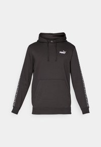 Zwarte Puma-hoodie met een voork pocket, een trekkoordkap en een gebrandmerkte witte Puma-logo op de borst en mouwen.