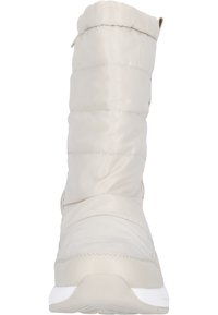 Grå knähöga stövlar med en kviltad design, släta material och en vit gummisula. Har en rund tå och diskreta stickade detaljer.