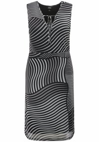 Vestido sin mangas en blanco y negro con un patrón de rayas onduladas, tejido ligero, escote en forma de pico con detalle de lazo, largo hasta medio muslo.