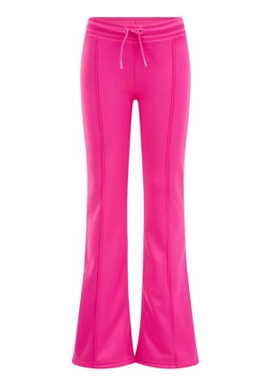 Pantalon évasé rose vif avec taille à cordon et coutures verticales visibles sur le devant de chaque jambe.