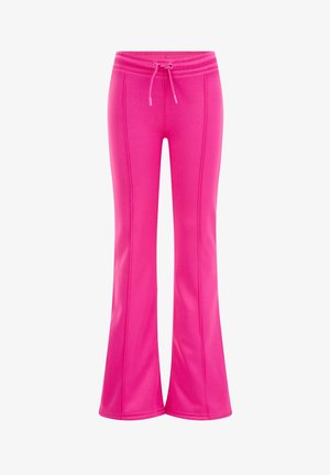 Hellpinke ausgestellte Hose mit Kordelzug in der Taille und sichtbaren vertikalen Nähten an der Vorderseite jedes Beins.