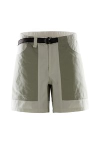 Leichte Shorts in einem gedämpften Grün- und Beigeton, mit einem strukturierten Stoff, elastischem Bund und verstellbarem schwarzen Gürtel.