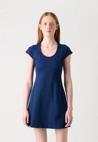 Navy blue fitted dress with short cap sleeves, scoop neckline, and smooth texture. Features subtle seam detailing for structure.