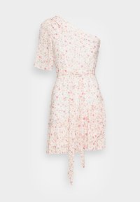 Sukienka z jednym ramieniem w kwiaty, z krótkim rękawem, z białym tłem, różowymi i zielonymi wzorami kwiatowymi, z talią ściągniętą i zwiewnym dołem.