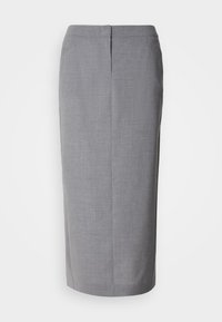 Jupe crayon grise longueur genou avec une taille haute et une couture frontale, en tissu texturé.