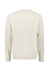 Lichtbeige sweater met lange mouwen, geribde manchetten en zoom, met een ronde halslijn en een gladde brei textuur. Achteraanzicht weergegeven.