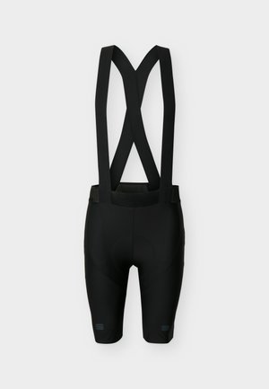 Fekete kerékpáros nadrág, párnázott üléssel és keresztbe tett elasztikus vállpántokkal.