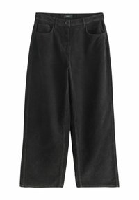 Musträpits mustad laiad püksid kõrge vöökohtadega, kahe eesoleva tasku ja nööbi sulgemisega. Tekstureeritud kangas vertikaalsete soontega detailidega.