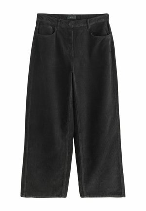 Schwarze Cord-Hose mit weitem Bein und hoher Taille, zwei vorderen Taschen und Knopfverschluss. Strukturierter Stoff mit vertikalen Rippdetails.