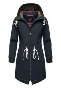 Navy blue hooded jacket with a zipper closure, drawstrings, side pockets, and a patterned inner lining. Features elastic cuffs and a curved hem.