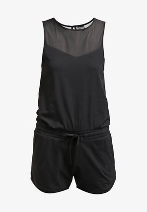 Zwarte playsuit met een mouwloos ontwerp, voorzien van een doorschijnend voorpaneel, een trekkoord in de taille en zachte stof. Minimalistische en veelzijdige stijl.