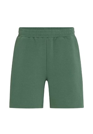 Pantalones cortos verdes de algodón con cintura elástica, con una textura suave y un corte recto, adecuados para uso casual.