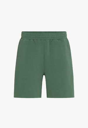 Žalios medvilninės trumpikės su elastinga juosmens juosta, pasižyminčios lygiu paviršiumi ir tiesiu kirpimu, tinkamos kasdieniam dėvėjimui.