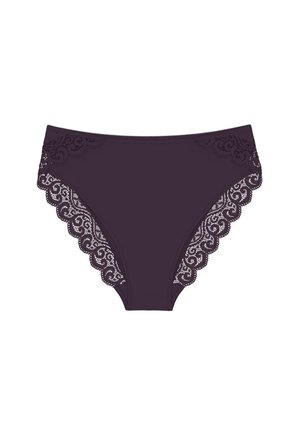 Ciemnofioletowa bielizna damska z kwiatową koronką na bokach i falistym wykończeniem, gładki przedni panel na środku.