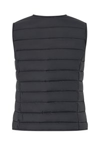 Schwarze Puffy-Weste mit einem quilted Design und horizontalen Nähten. Das Material ist glatt und leicht, ohne Ärmel oder zusätzliche Beschläge.